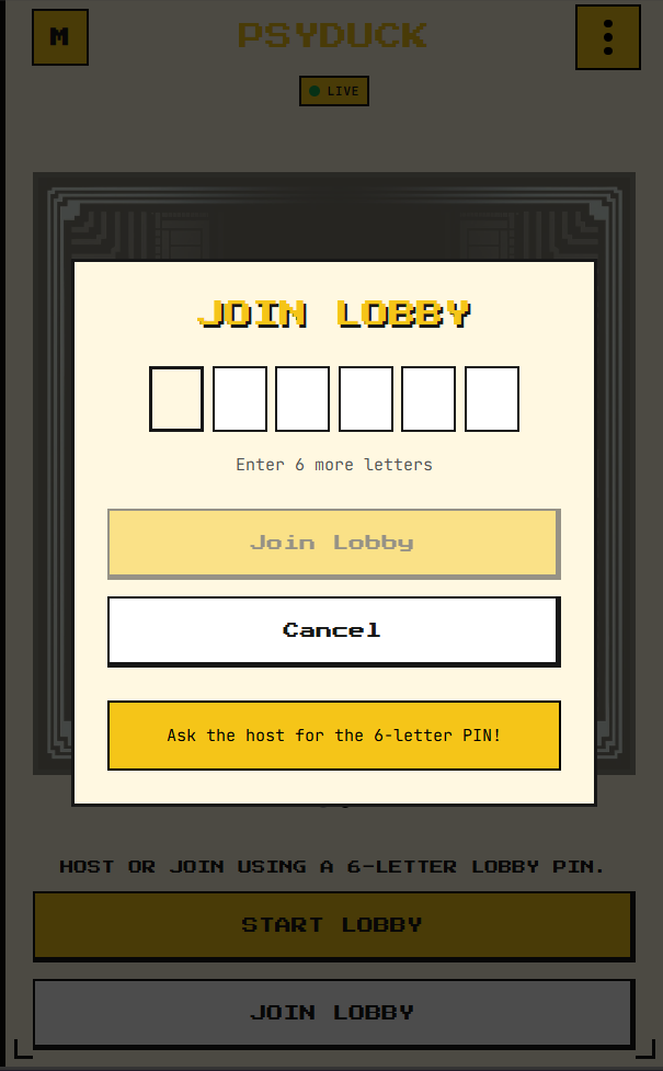 PsyDuck home screen with create and join lobby buttons