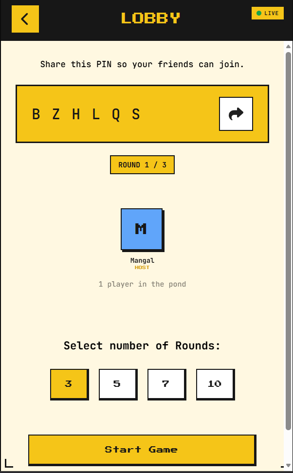 Lobby waiting room with players and round count